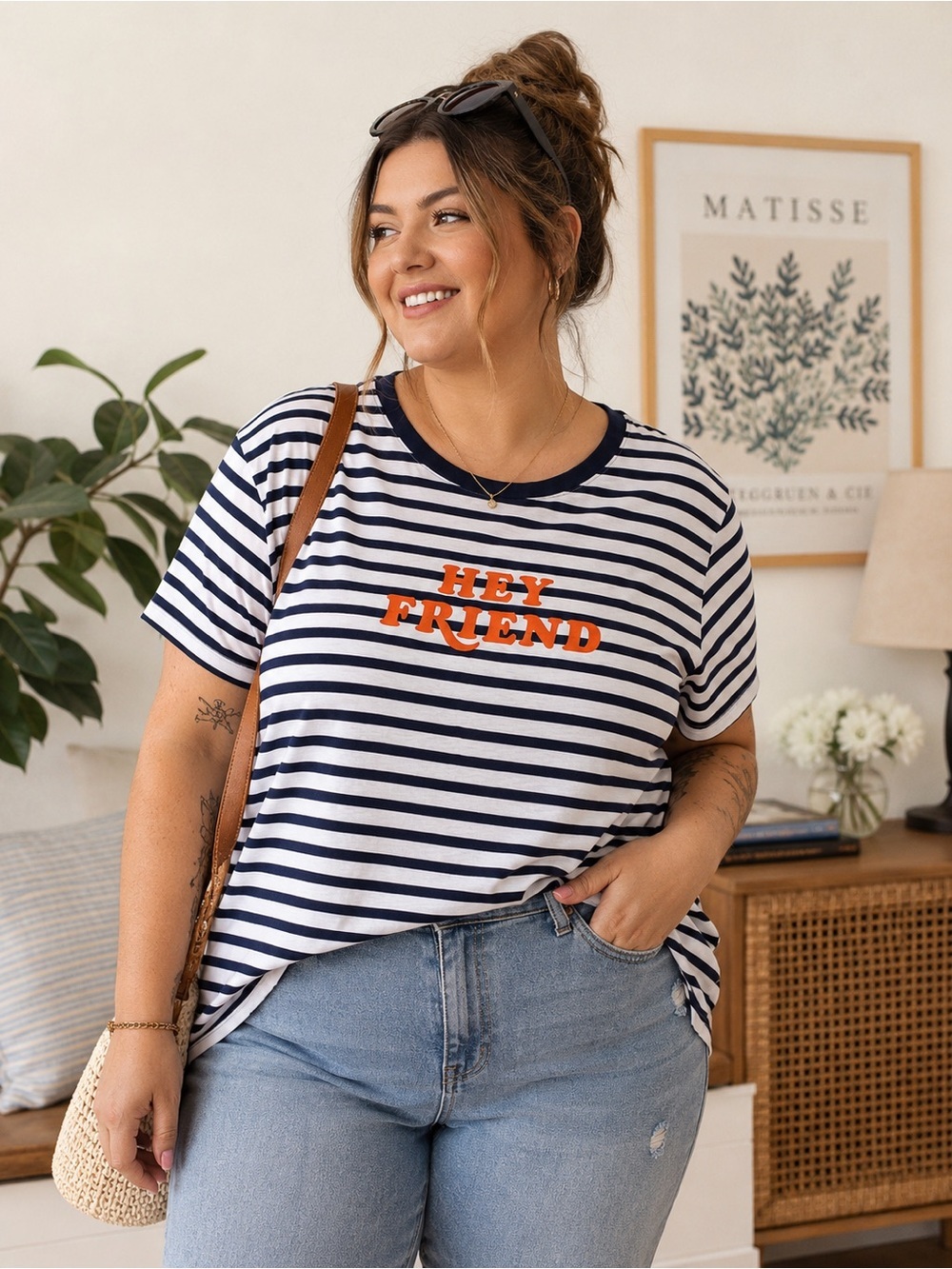 Old Navy โHey Friendโ Graphic Tee 1X Navy White Striped Short Sleeve Plus Size